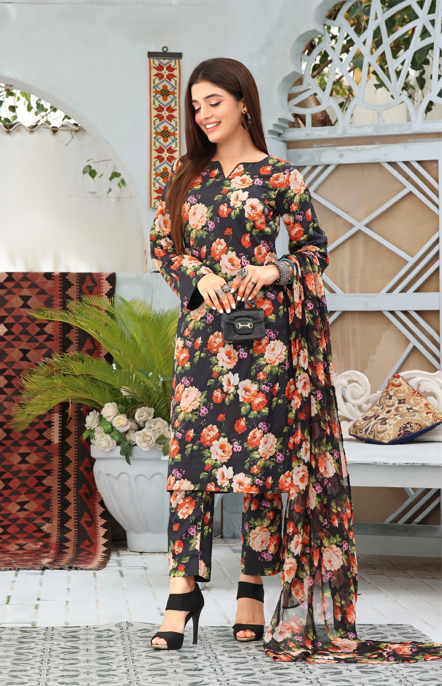 FEATHERS -3PC PRINTED LAWN DRESS WITH SILK DUPATTA- FCP-43