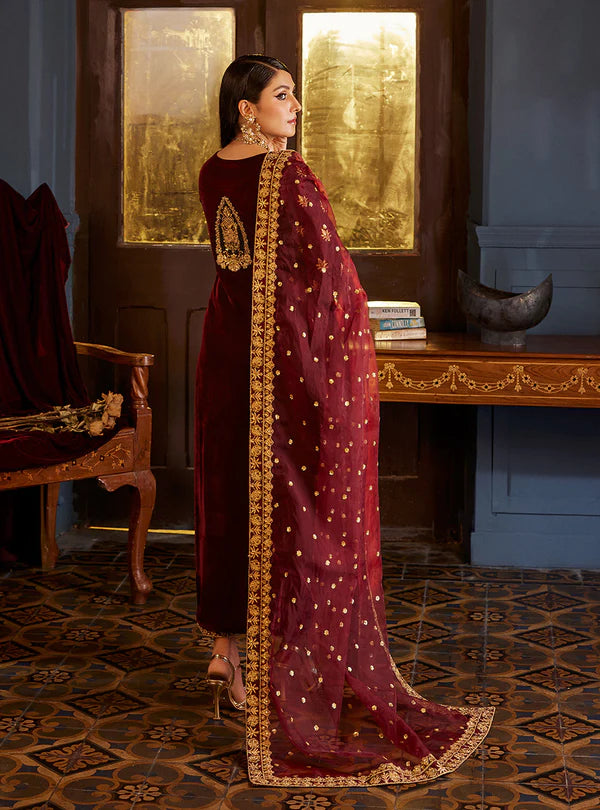 ZAINAB CHOTTANI -3PC FULLY HEAVY EMBROIDERED FANCY VELVET DRESS WITH HEAVY EMBROIDERED CUTWORK ORGANZA DUPATTA- FPW-101