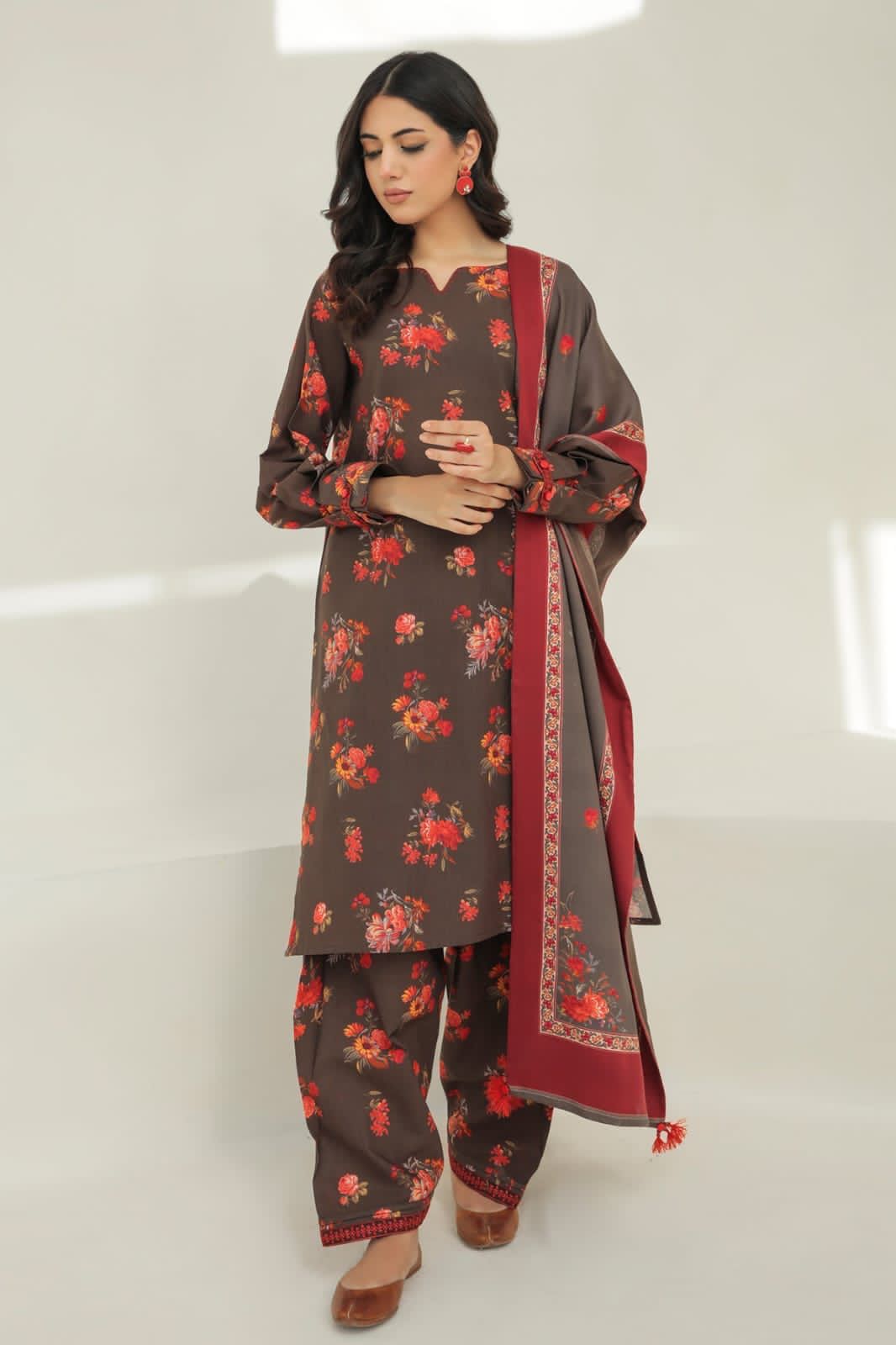 CROSS STITCH -3PC PRINTED KARANDI DRESS WITH KARANDI WOOL SHAWL- FC-06