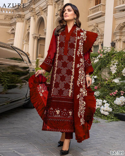 AZURE- 3PC DHANAK EMBROIDERED SHIRT WITH EMBROIDERED CHIFFON DUPPATA - FCW-01