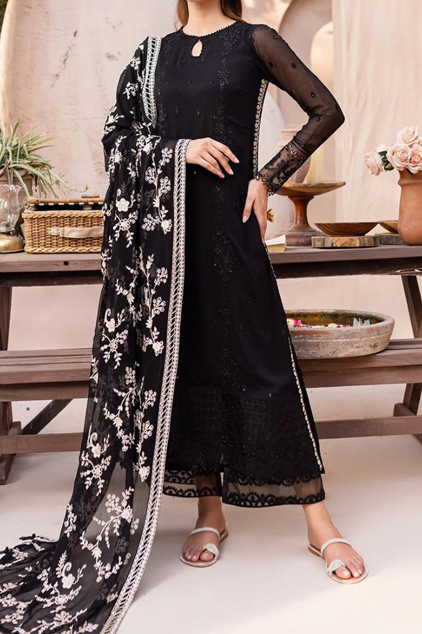 ASIM JOFA-3PC FULLY FANCY EMBROIDERED CHIFFON DRESS WITH EMBROIDERED PURE CHIFFON DUPATTA- FPW-121