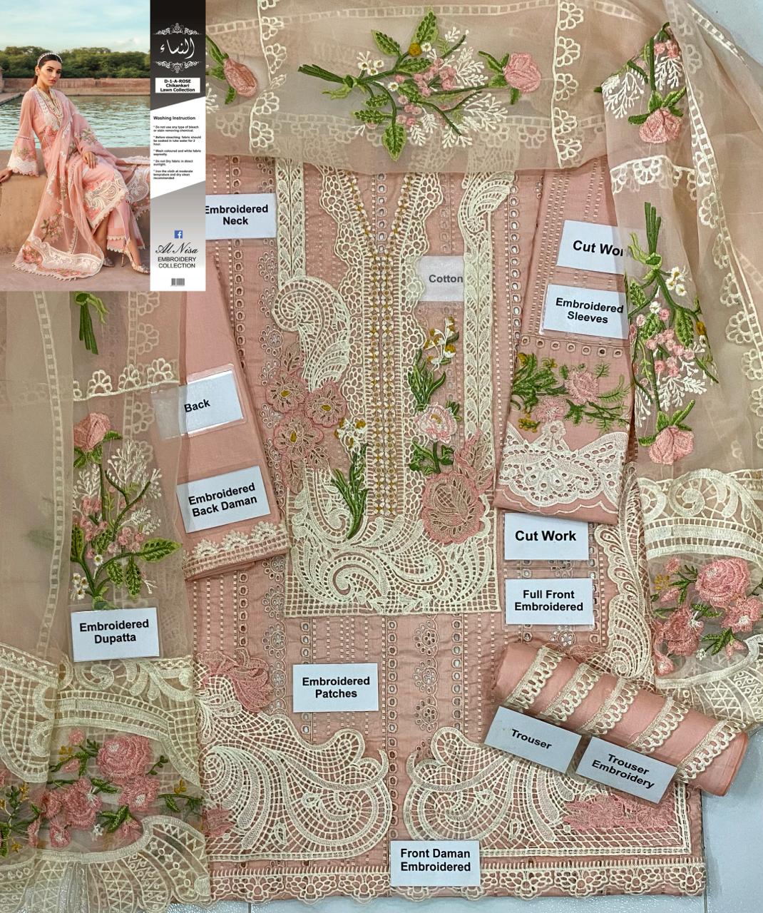 CRIMSOM - 3PC LAWN  EMBROIDERED CHIKANKARI SHIRT WITH EMBROIDERED ORGANZA DUPATTA - FCO-32