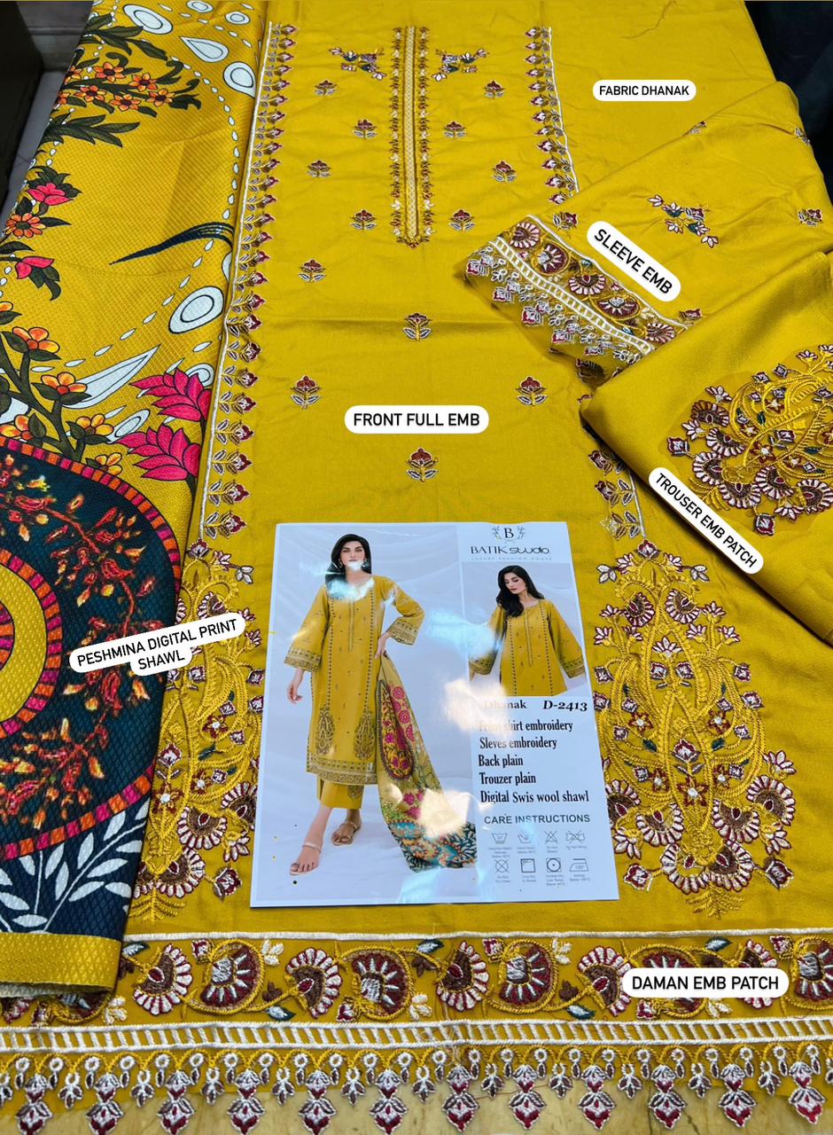 BATIK -3PC EMBROIDERED DHANAK DRESS WITH PASHMINA WOOL SHAWL- FW-66