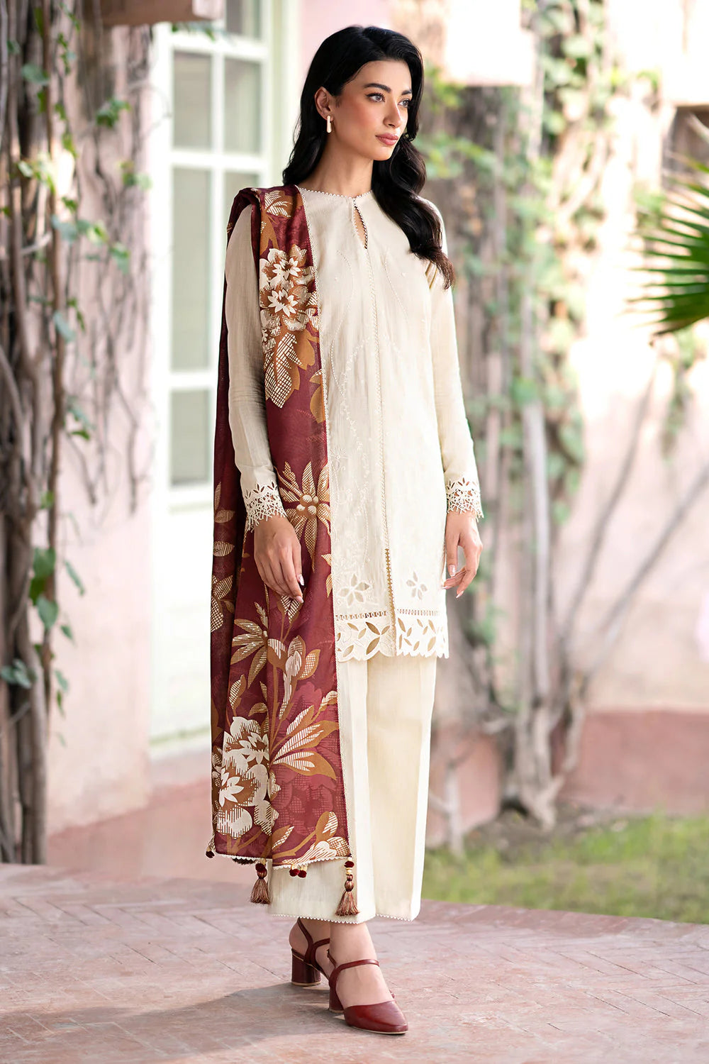 JAZMIN- 3PC DHANAK EMBROIDERED SHIRT WITH WOOL PRINT SHAWL AND TROUSER FW-155