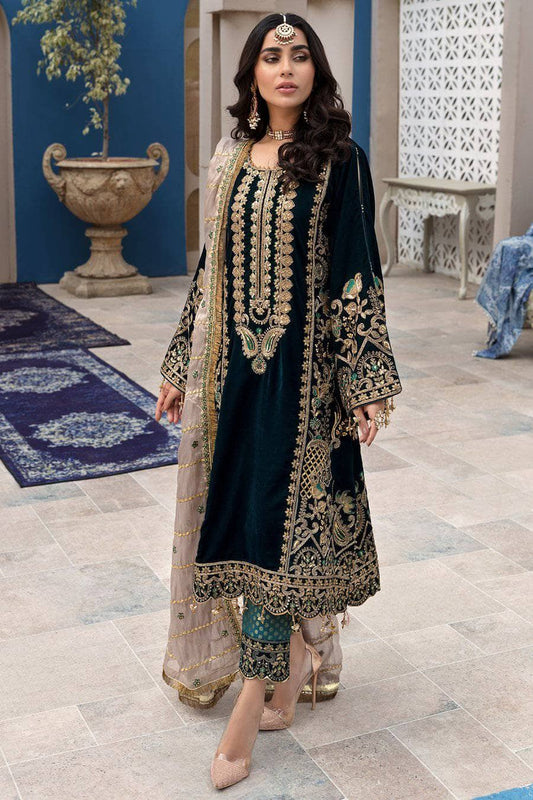 EMAAN ADEEL -3PC HEAVY EMBROIDERED VELVET DRESS WITH 4 SIDE HEAVY EMBROIDERED MASORI DUPATTA- FPW-59