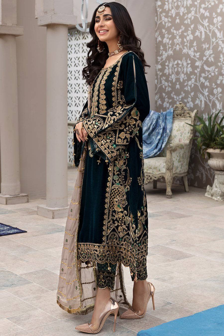 EMAAN ADEEL -3PC HEAVY EMBROIDERED VELVET DRESS WITH 4 SIDE HEAVY EMBROIDERED MASORI DUPATTA- FPW-59