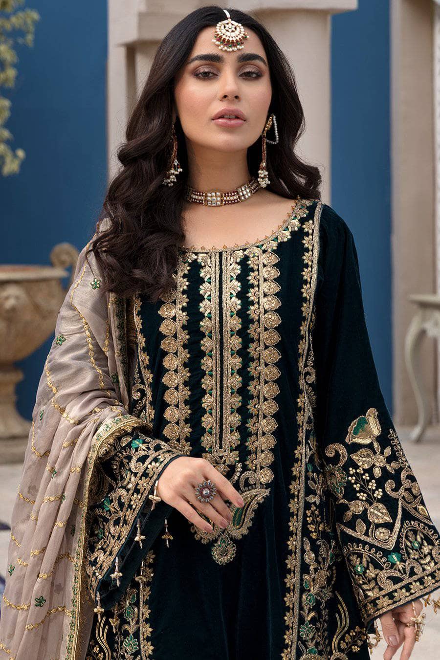 EMAAN ADEEL -3PC HEAVY EMBROIDERED VELVET DRESS WITH 4 SIDE HEAVY EMBROIDERED MASORI DUPATTA- FPW-59