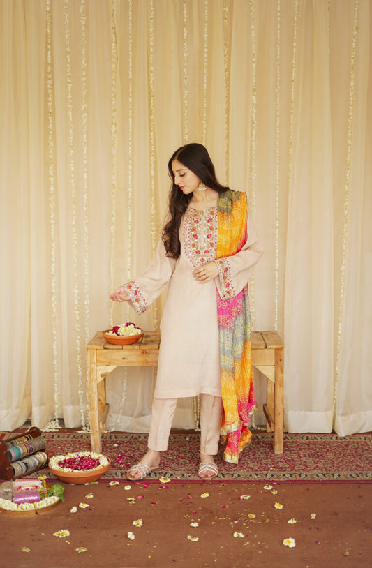 AISLING -3PC EMBROIDERED DHANAK DRESS WITH DHANAK WOOL SHAWL- FW-133