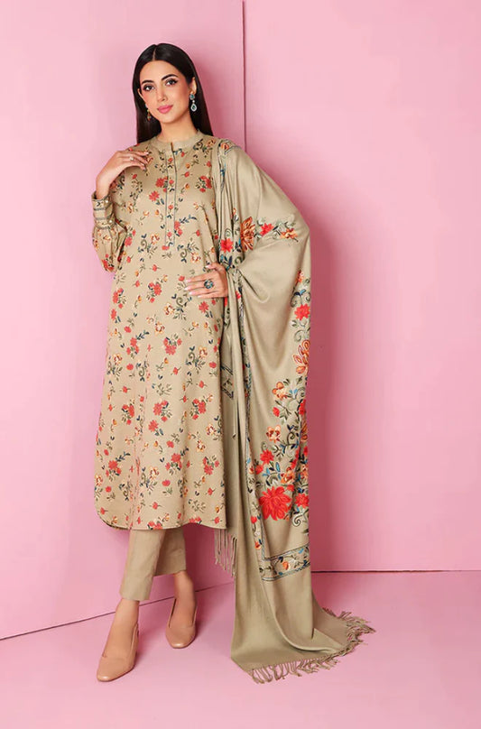 NISHAT -3PC EMBROIDERED DHANAK DRESS WITH 4 SIDE PRINTED PASHMINA SHAWL- FW-39