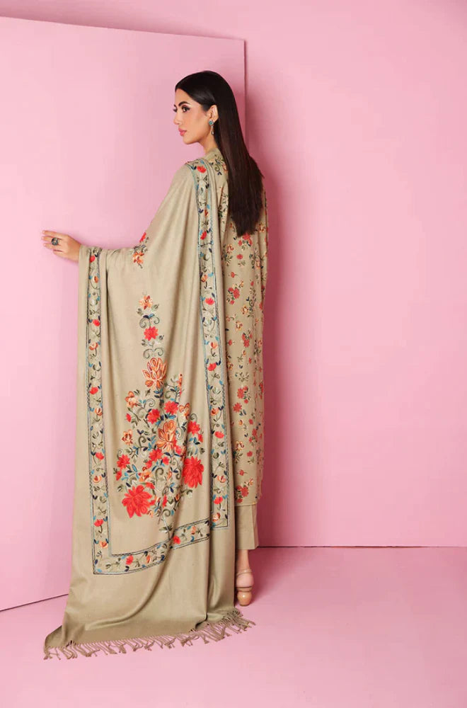 NISHAT -3PC EMBROIDERED DHANAK DRESS WITH 4 SIDE PRINTED PASHMINA SHAWL- FW-39