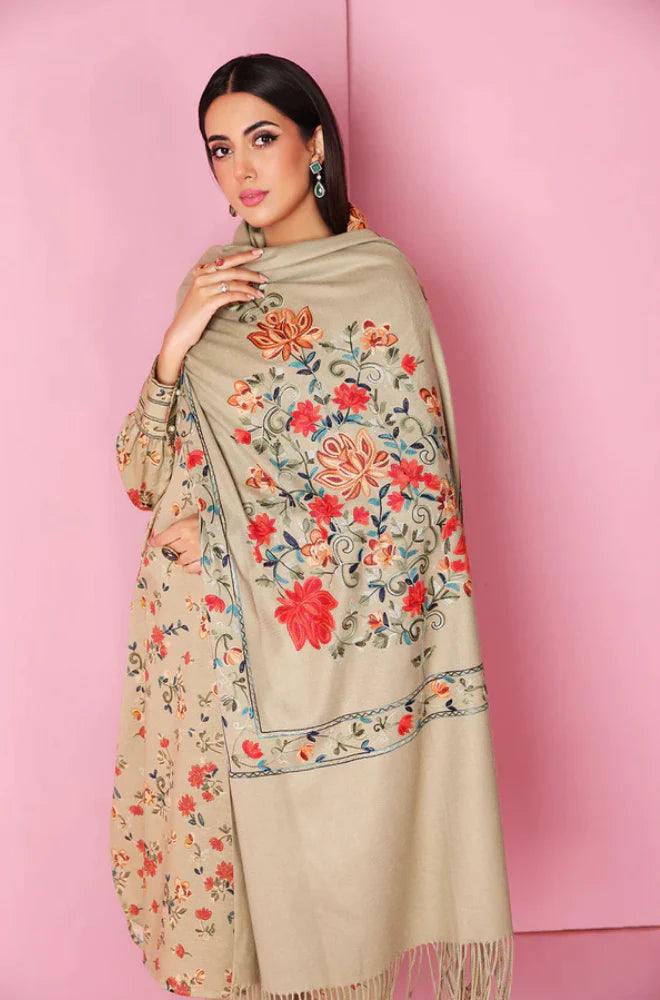 NISHAT -3PC EMBROIDERED DHANAK DRESS WITH 4 SIDE PRINTED PASHMINA SHAWL- FW-39