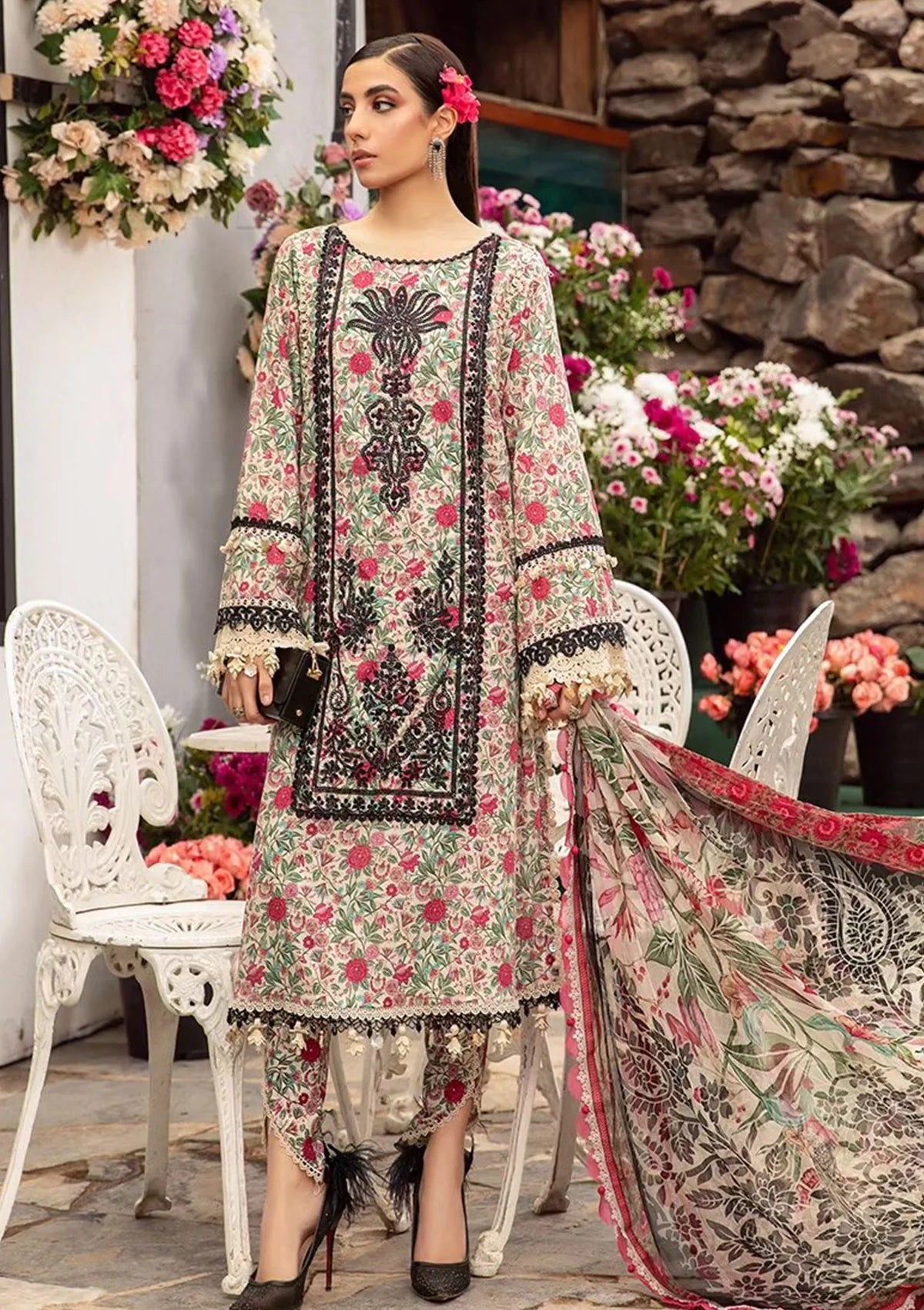 MARIA.B -3PC EMBROIDERED LAWN DRESS WITH PRINTED CHIFFON DUPATTA- FN-55