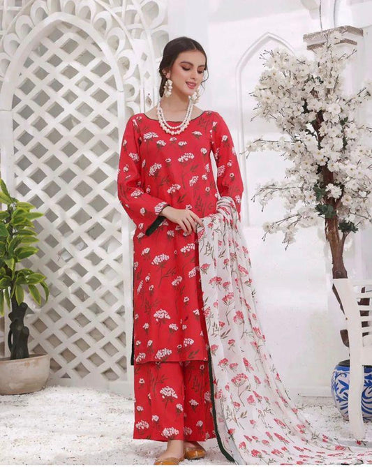 FEATHERS -3PC PRINTED LAWN DRESS WITH SILK DUPATTA- FCP-55