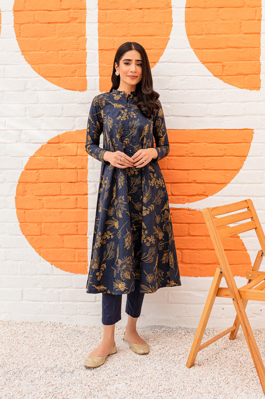 BATIK -2PC EMBROIDERED LINEN DRESS WITH LINEN TROUSER- WT-03