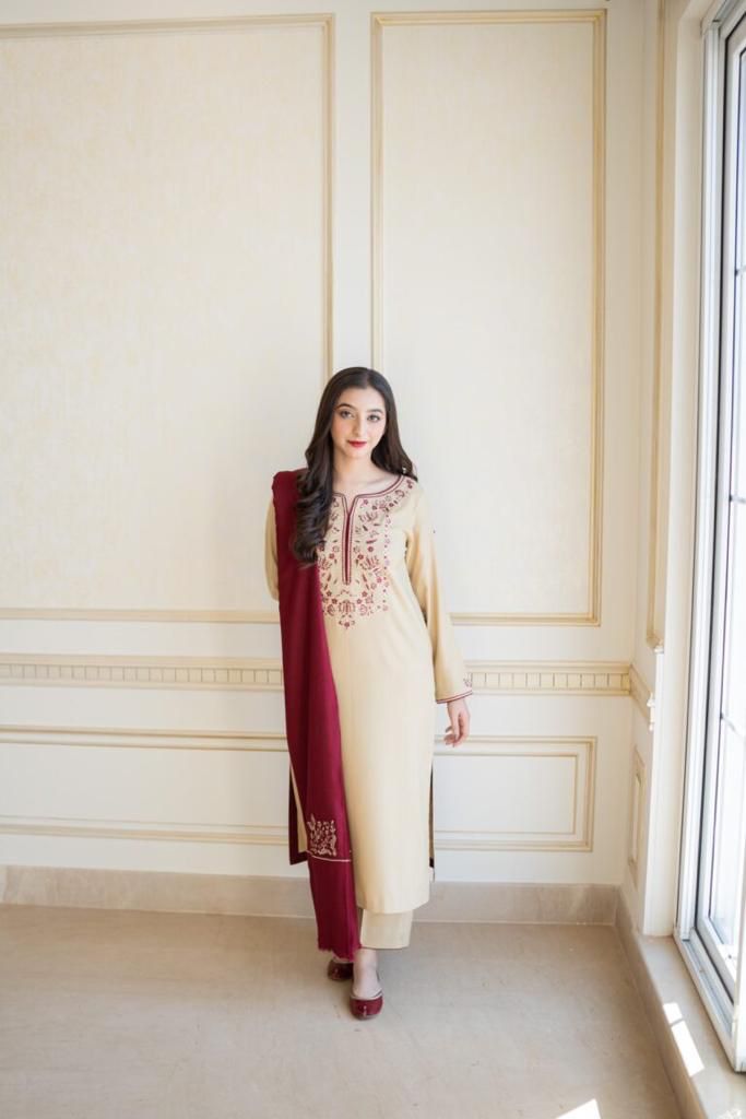 AISLING -3PC EMBROIDERED DHANAK DRESS WITH EMBROIDERED DHANAK WOOL SHAWL- FW-119