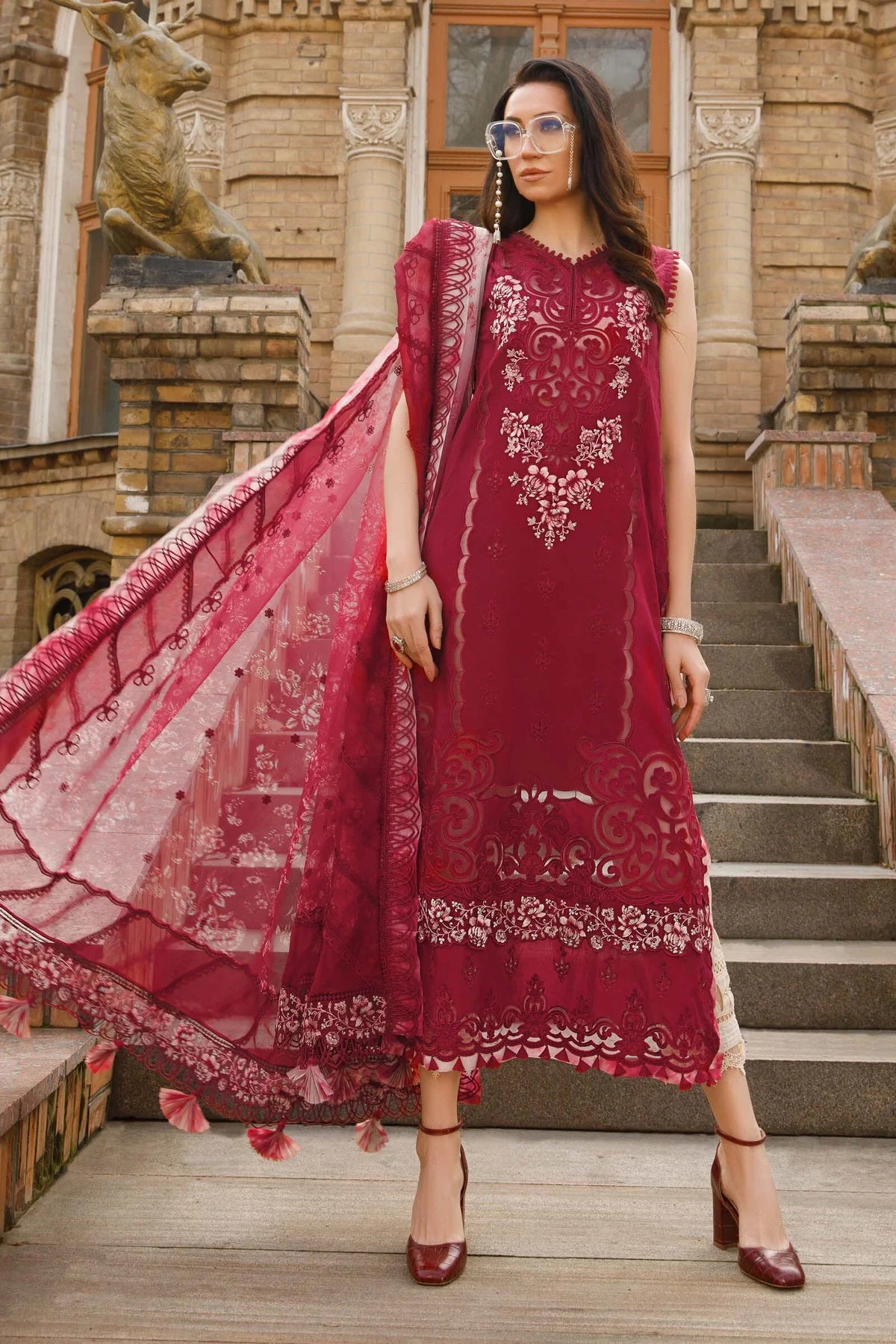 MARIA B -3PC EMBROIDED CUTWORK COTTON DRESS WITH 4 SIDE EMBROIDED ORGANZA DUPATTA- FCO-272