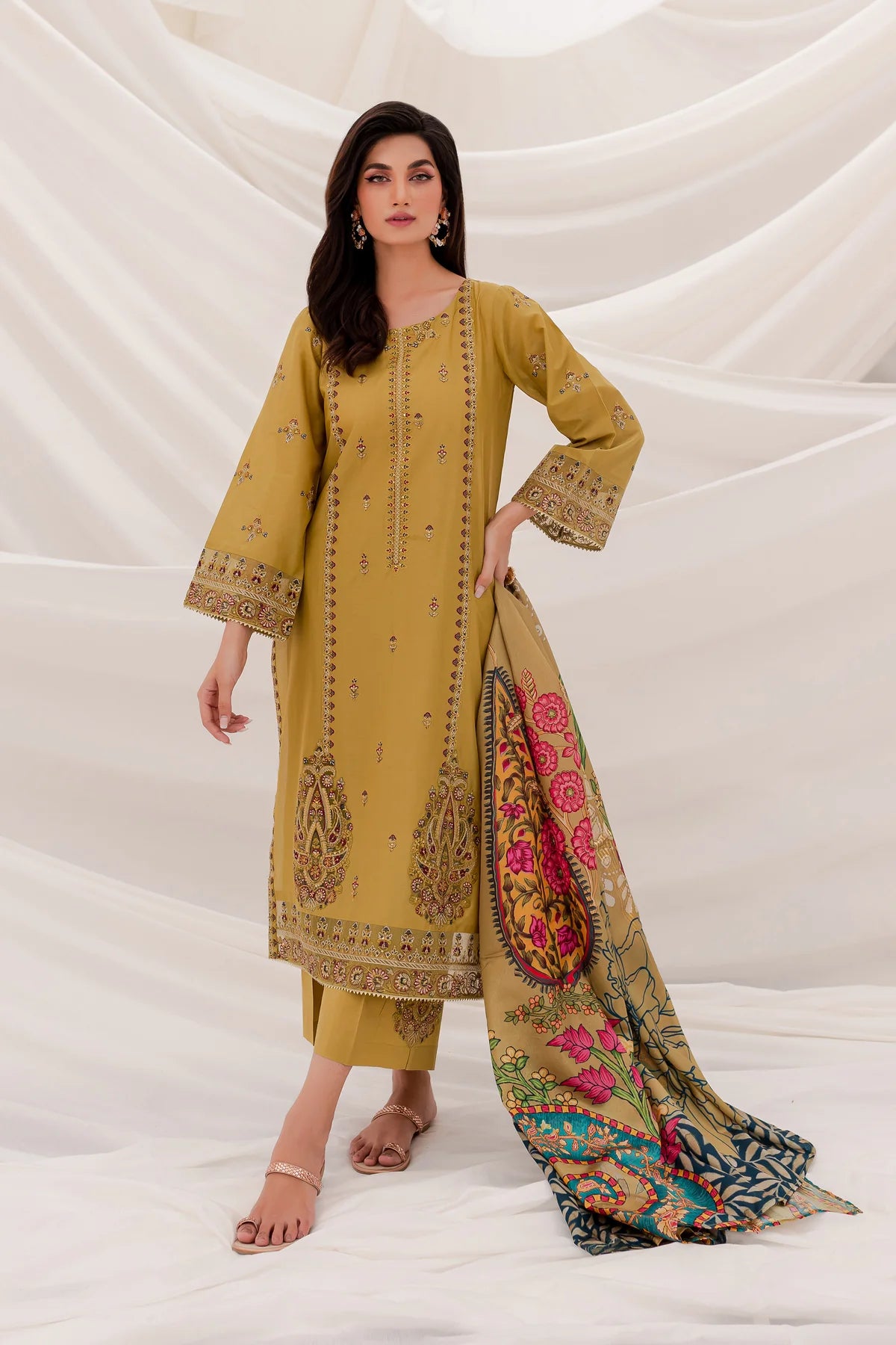 BATIK -3PC EMBROIDERED DHANAK DRESS WITH PASHMINA WOOL SHAWL- FW-66