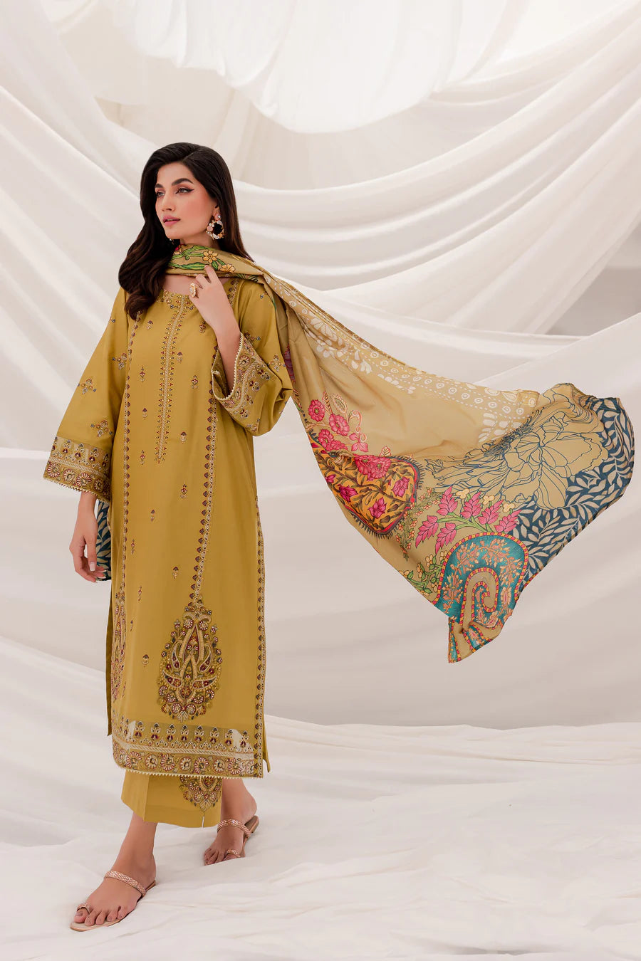 BATIK -3PC EMBROIDERED DHANAK DRESS WITH PASHMINA WOOL SHAWL- FW-66