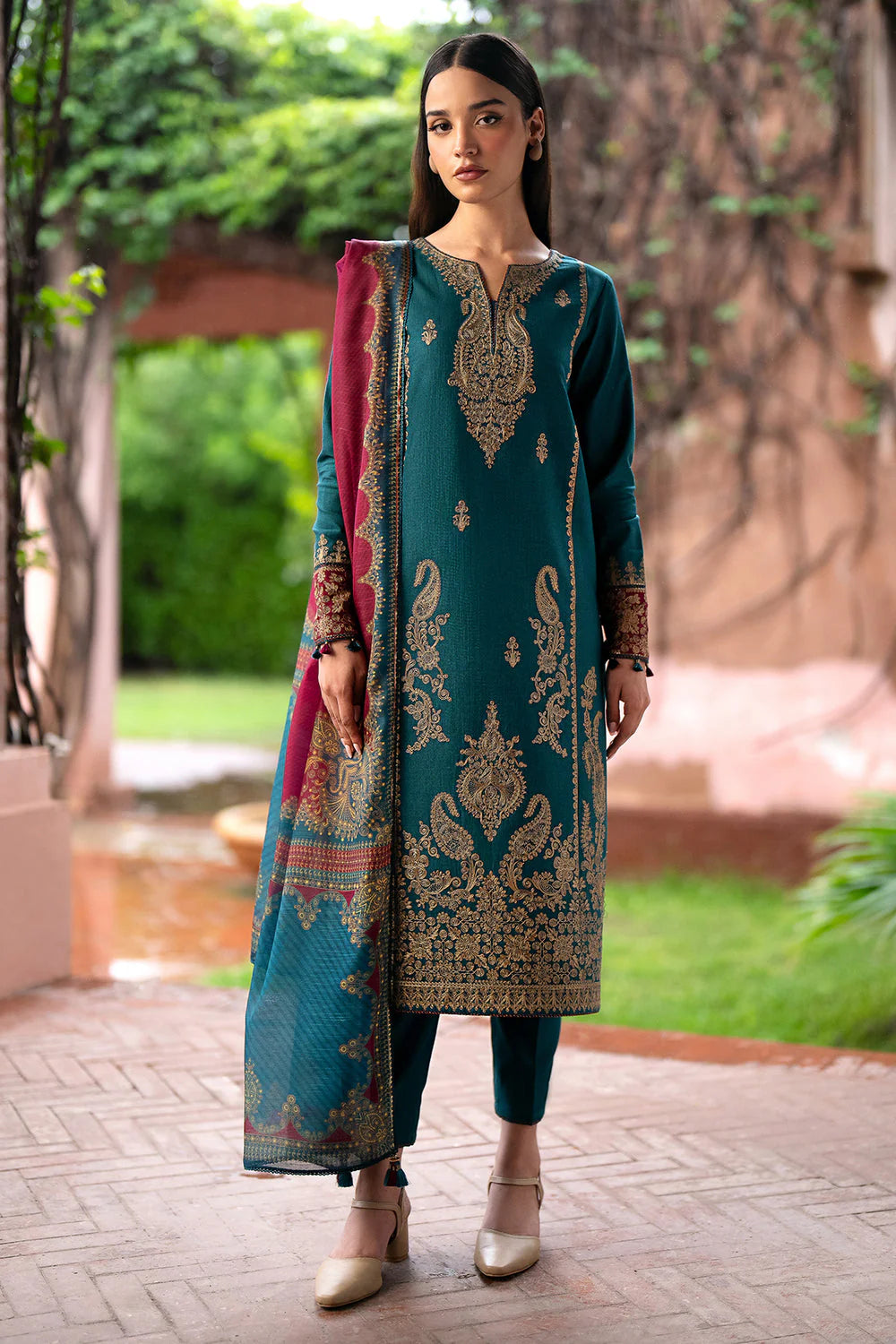 JAZMIN- 3PC DHANAK EMBROIDERED SHIRT WITH WOOL PRINT SHAWL AND TROUSER- FW-37