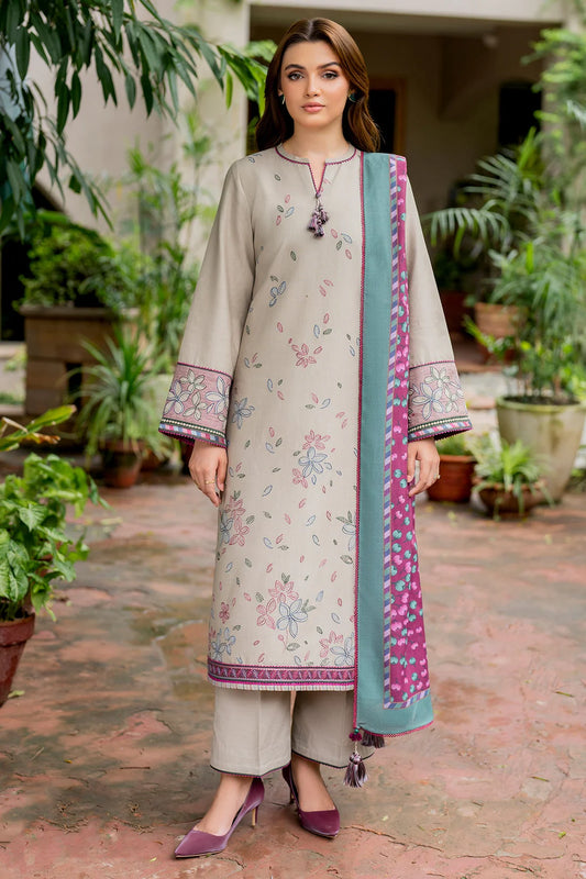 JAZMIN-3PC DHANAK EMBROIDRED SHIRT WITH WOOL PRINT SHAWL AND TROUSER- FW-17