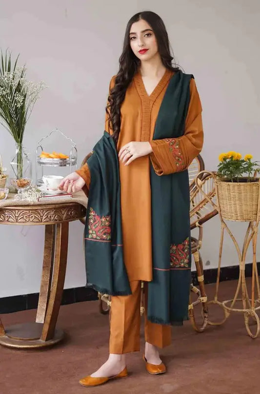 AISLING -3PC EMBROIDERED DHANAK DRESS WITH EMBROIDERED DHANAK SHAWL- FW-26