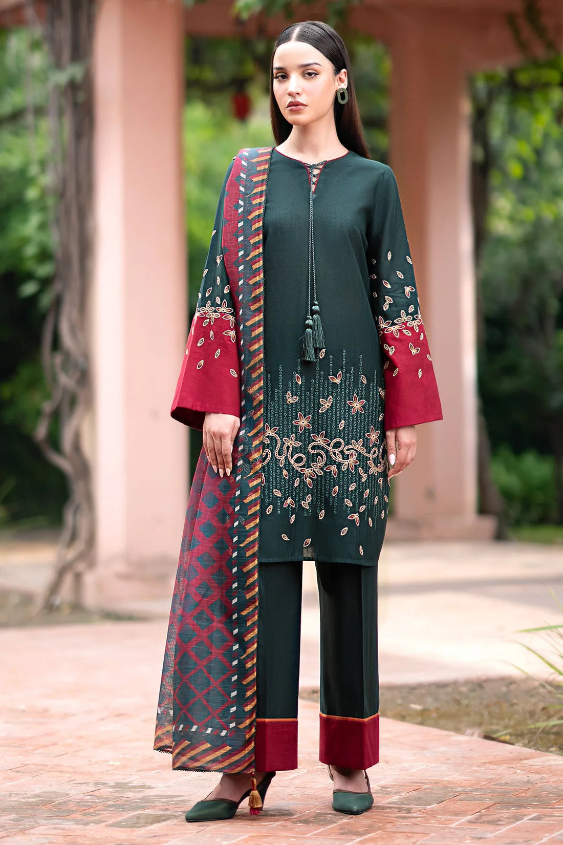 JAZMIN-3PC DHANAK EMBROIDRED SHIRT WITH WOOL PRINT SHAWL AND TROUSER- FW-41