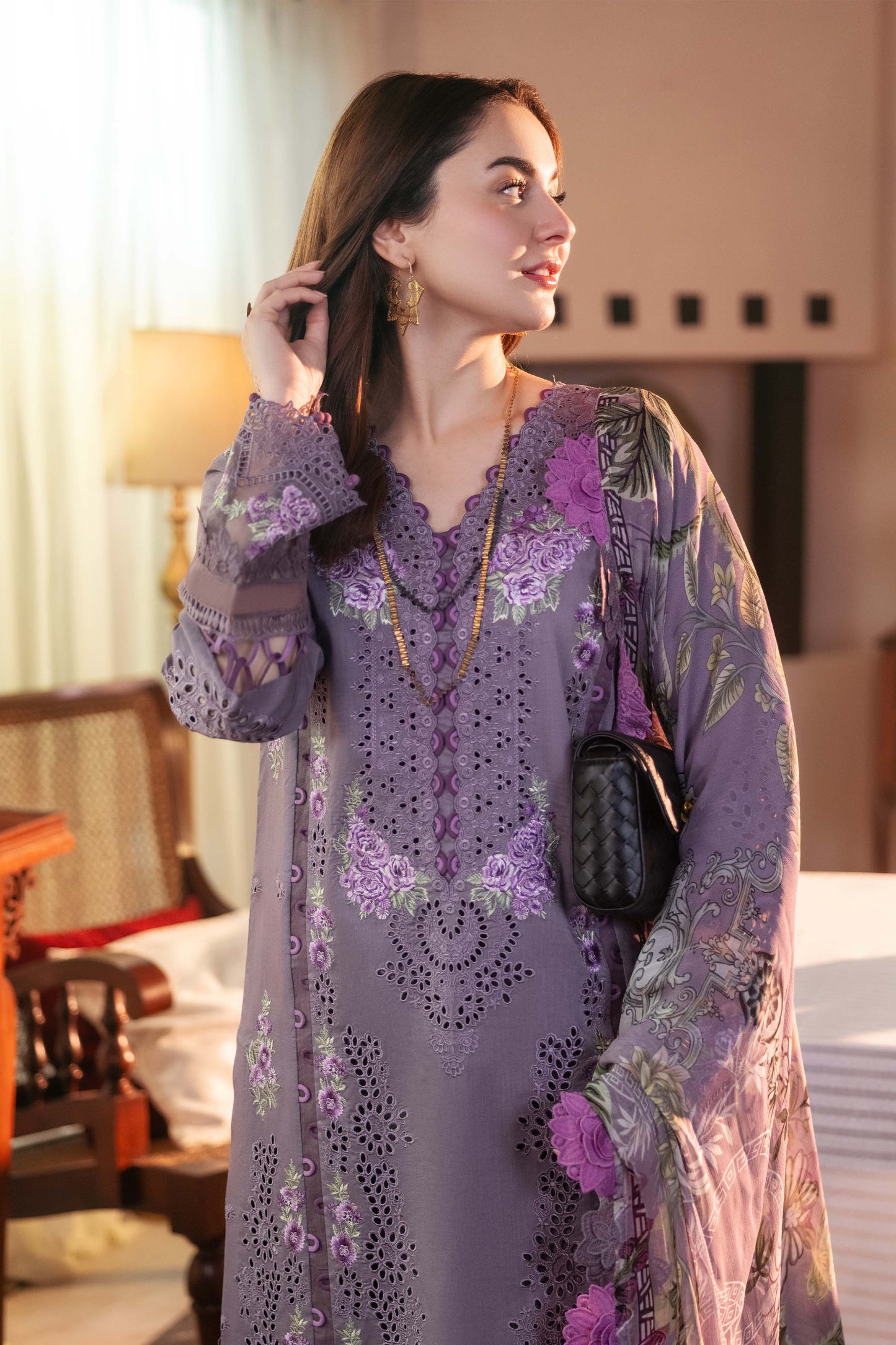 JADE-3PC DHANAK CHIKAN EMBROIDERED SHIRT WITH COURTRAI PRINTED SHAWL AND TROUSER-BIC-4166