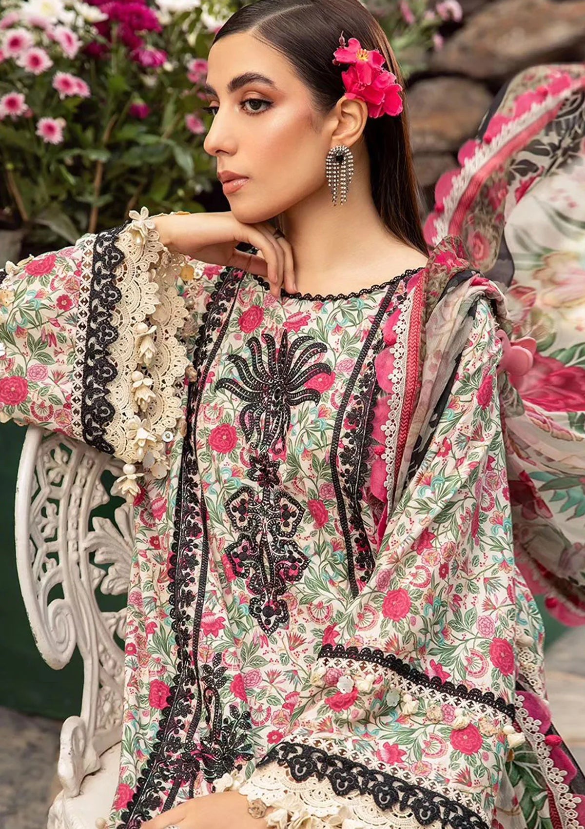 MARIA.B -3PC EMBROIDERED LAWN DRESS WITH PRINTED CHIFFON DUPATTA- FN-55