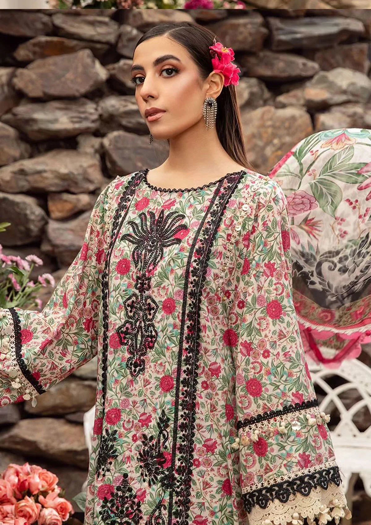 MARIA.B -3PC EMBROIDERED LAWN DRESS WITH PRINTED CHIFFON DUPATTA- FN-55