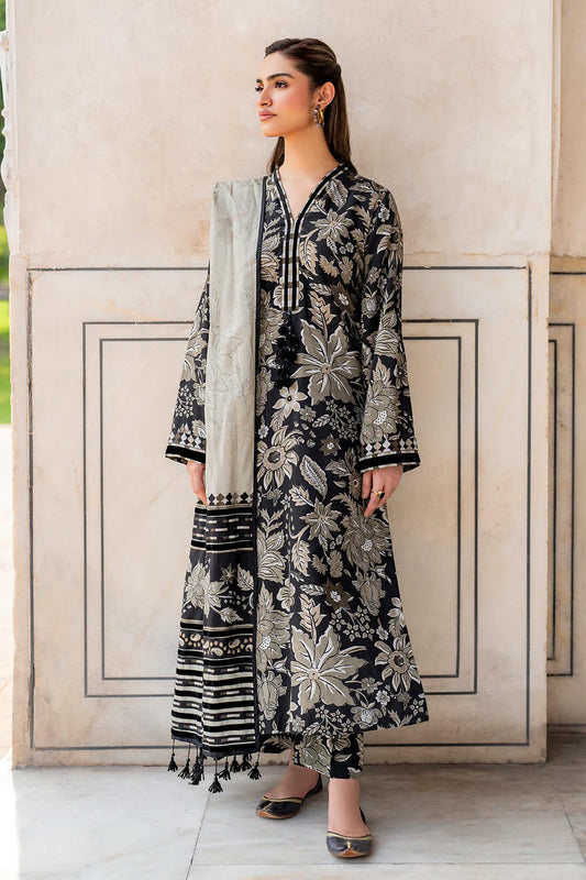 BAROQUE -3PC PRINTED KARANDI  WITH PRINTED KARANDI  SHAWL- FW-136