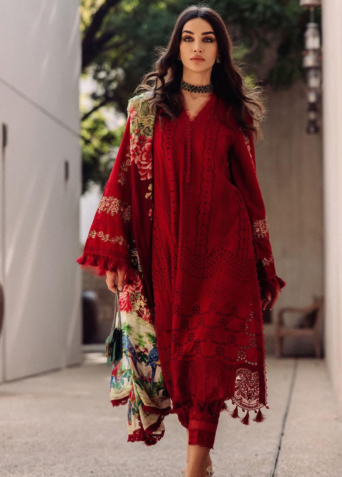 fitted lace wedding dress Qalamkar x Hania Aamir Red Luxury Lawn Suit | FK-07 BELLA main image 1