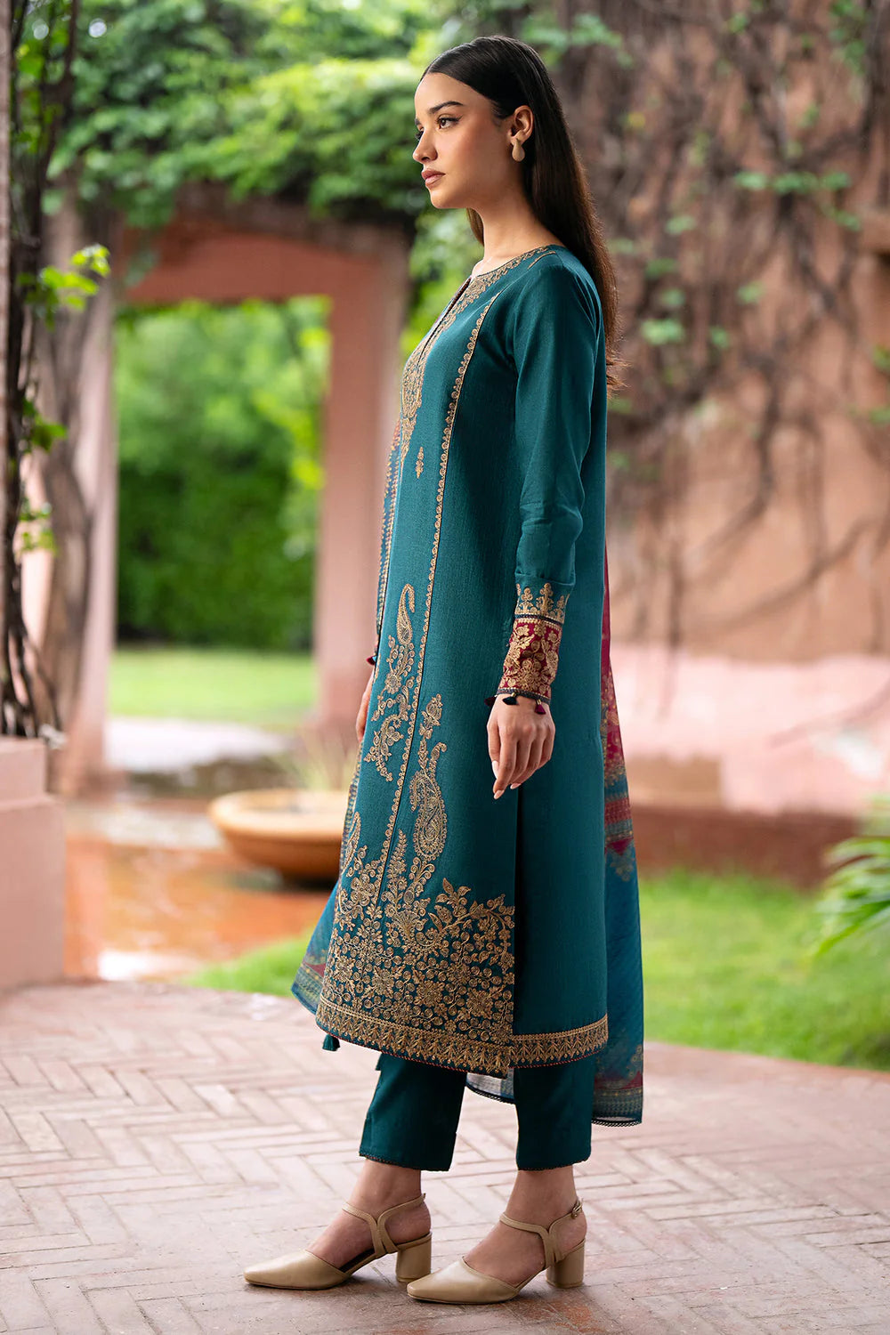 JAZMIN- 3PC DHANAK EMBROIDERED SHIRT WITH WOOL PRINT SHAWL AND TROUSER- FW-37