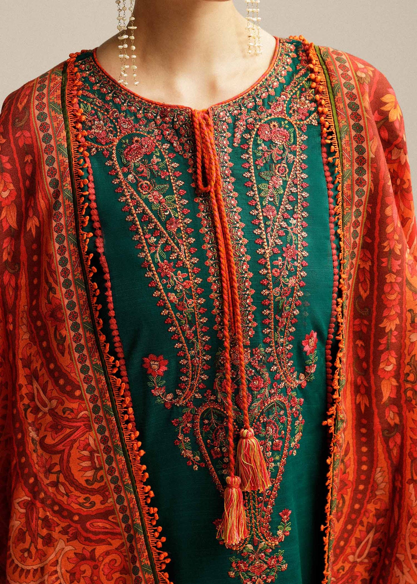 HUSSAIN REHAR-3PC DHANAK EMBROIDERED SHIRT WITH COURTRAI PRINTED SHAWL AND TROUSER-FW-3