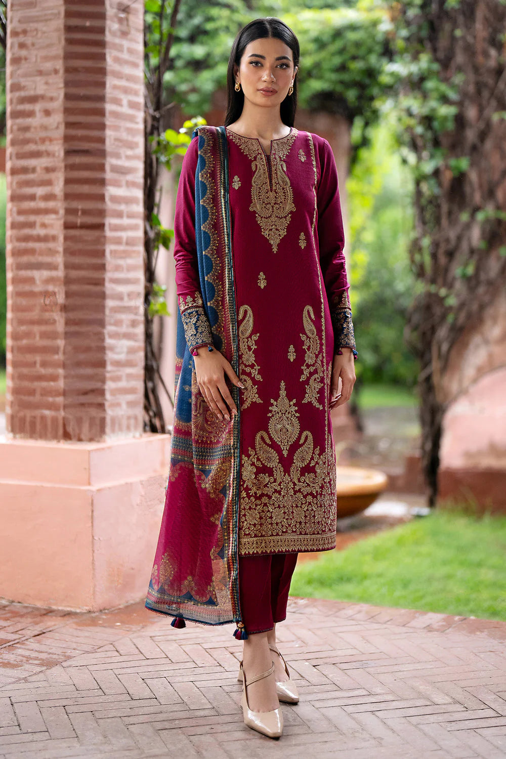 JAZMIN- 3PC DHANAK EMBROIDERED SHIRT WITH WOOL PRINT SHAWL AND TROUSER- FW-97