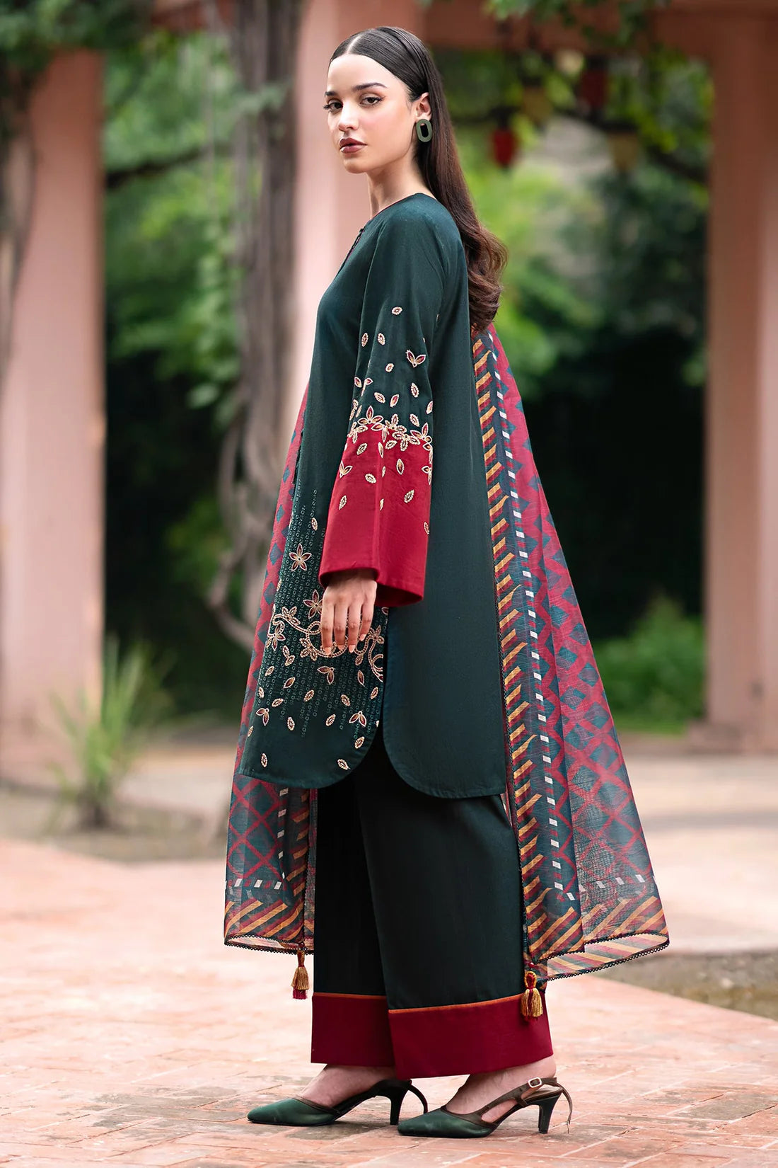 JAZMIN-3PC DHANAK EMBROIDRED SHIRT WITH WOOL PRINT SHAWL AND TROUSER- FW-41