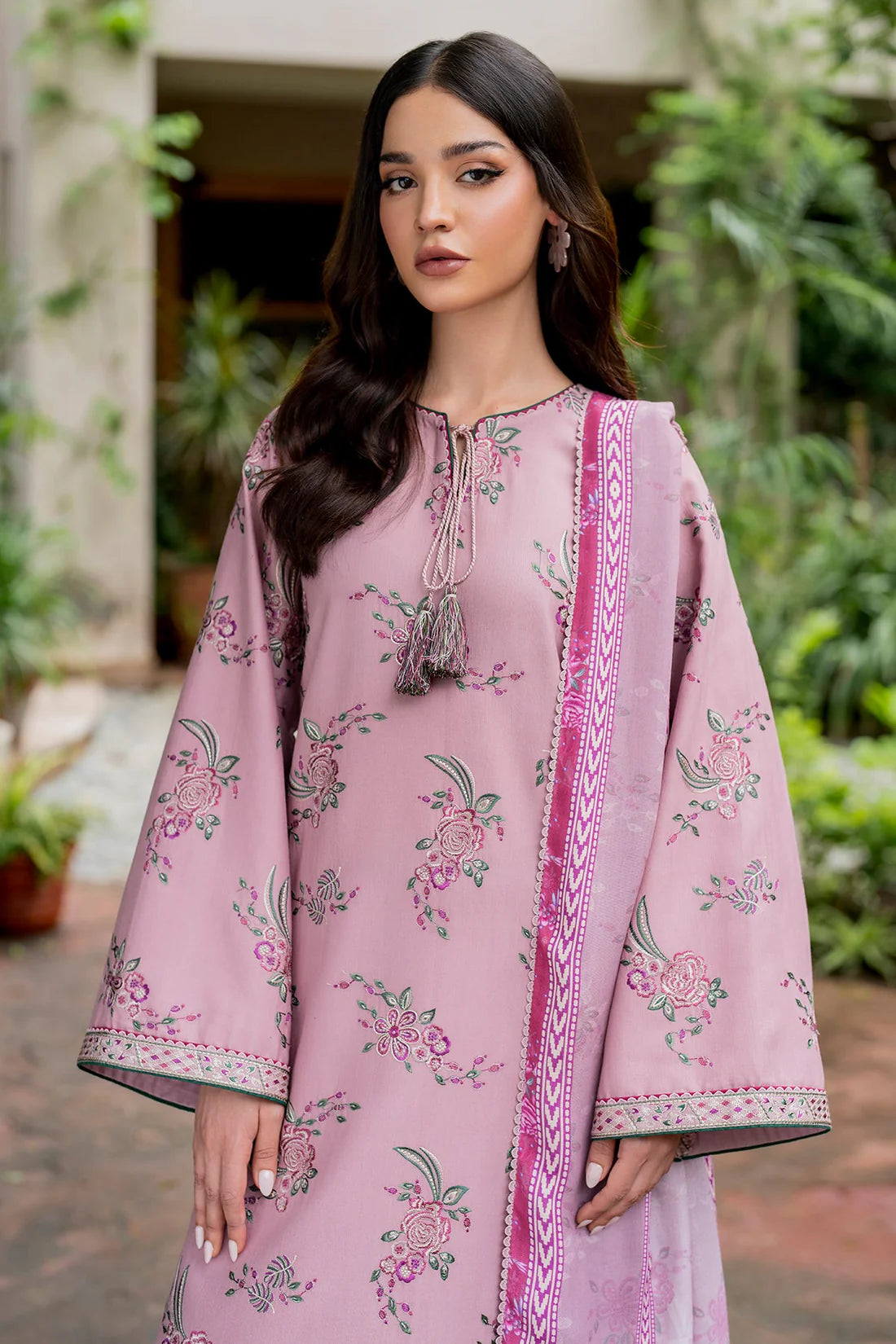 JAZMIN-3PC DHANAK EMBROIDRED SHIRT WITH WOOL PRINT SHAWL AND TROUSER- FW-57