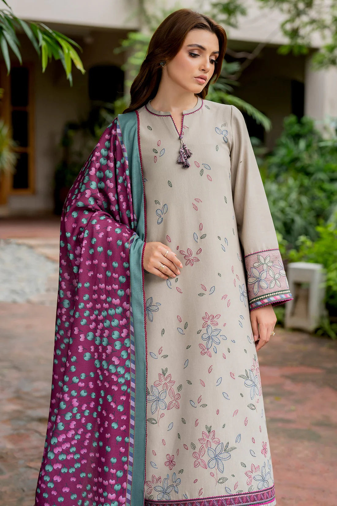 JAZMIN-3PC DHANAK EMBROIDRED SHIRT WITH WOOL PRINT SHAWL AND TROUSER- FW-17