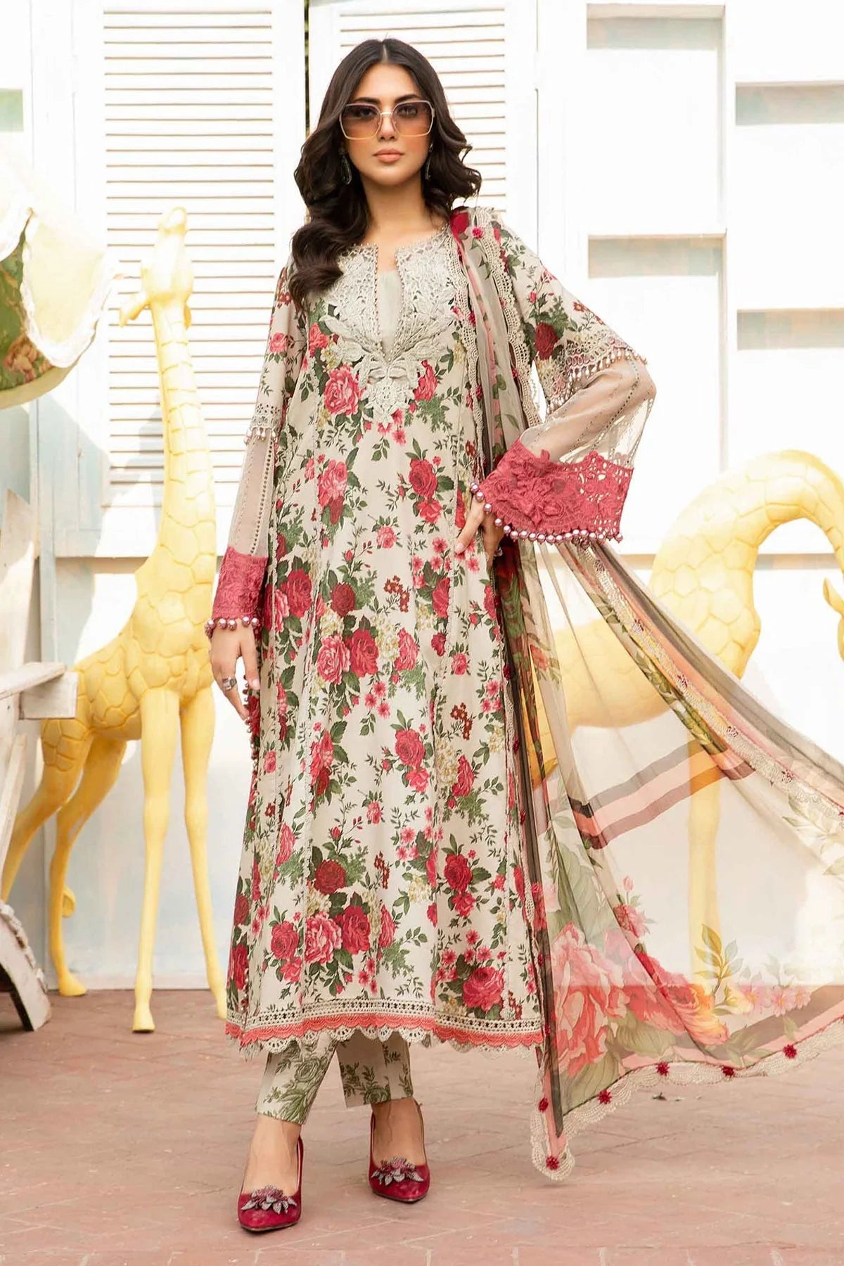 MARIA.B -3PC EMBROIDERED LAWN DRESS WITH PRINTED CHIFFON DUPATTA- FN-153