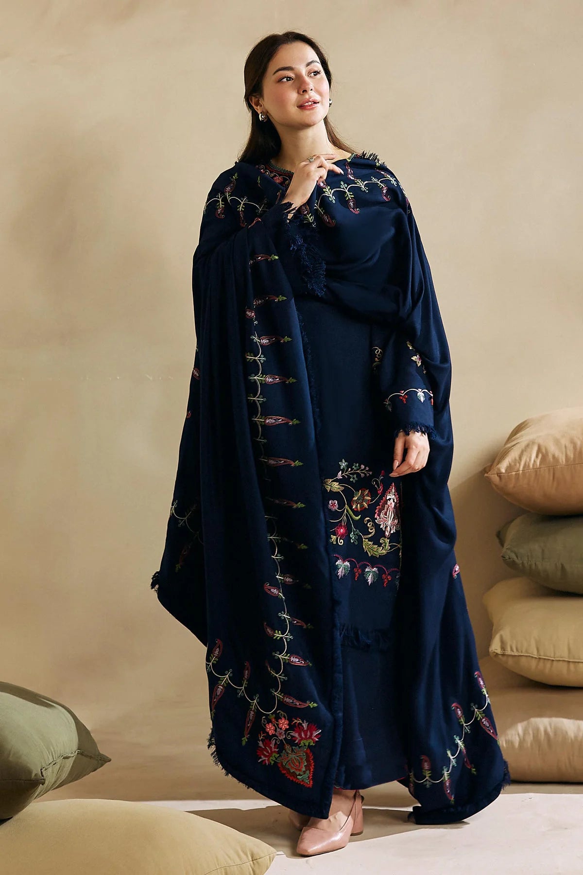 ZARA SHAHJAHAN -3PC EMBROIDERED DHANAK DRESS WITH EMBROIDERED DHANAK WOOL SHAWL- FW-86