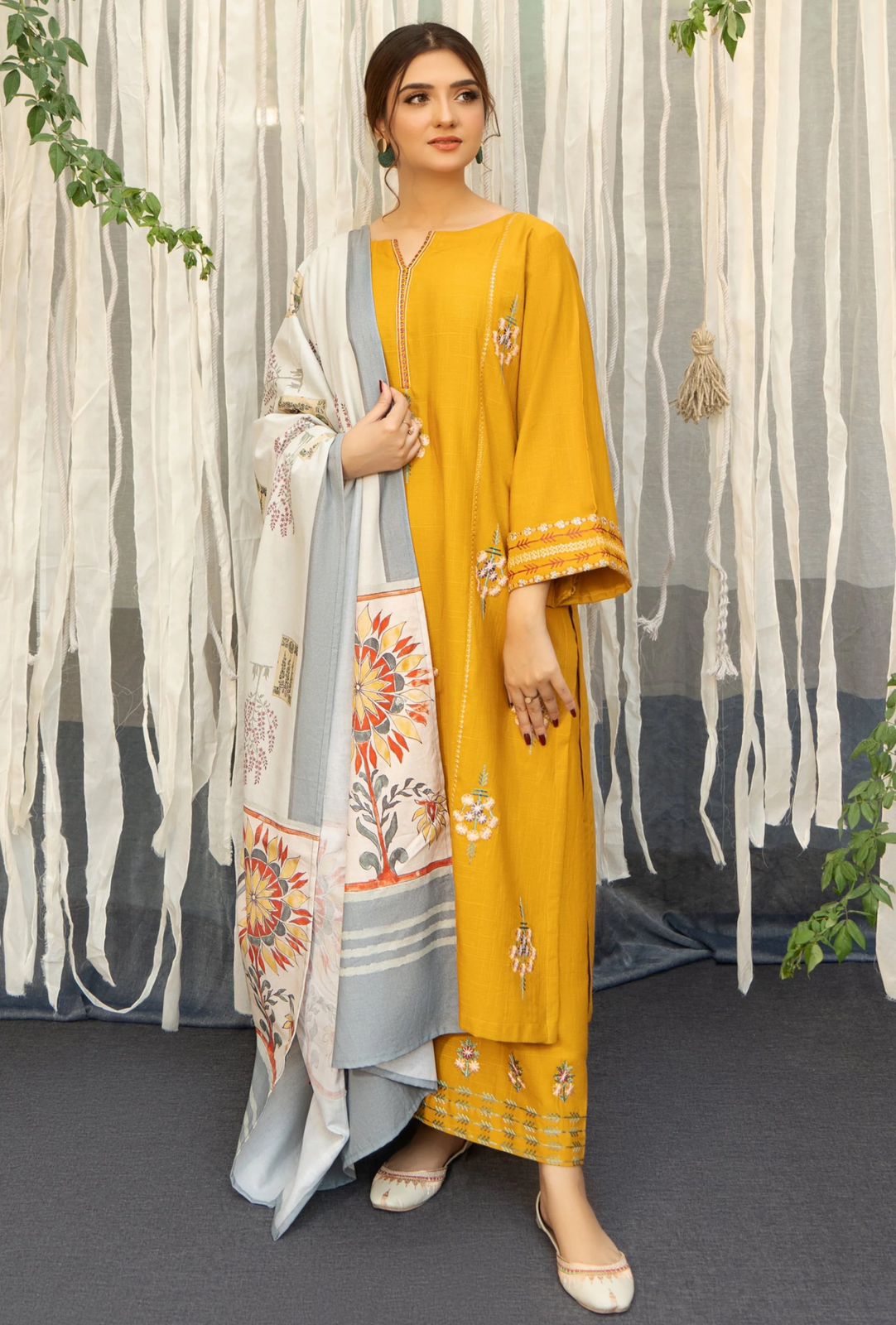 URGE -3PC EMBROIDERED DHANAK DRESS WITH DHANAK WOOL SHAWL- FW-105