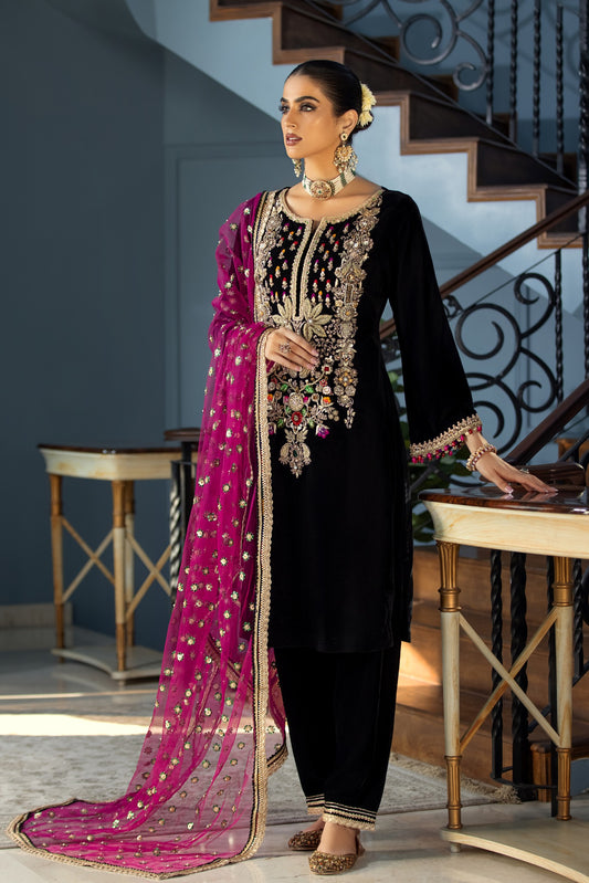 ASIM JOFA -3PC EMBROIDED VELVET DRESS WITH 4 SIDE EMBROIDED ORGANZA DUPATTA- FPW-14