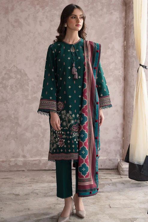 JAZMINE -3PC EMBROIDERED DHANAK DRESS WITH PRINTED DHANAK WOOL SHAWL- FW-95