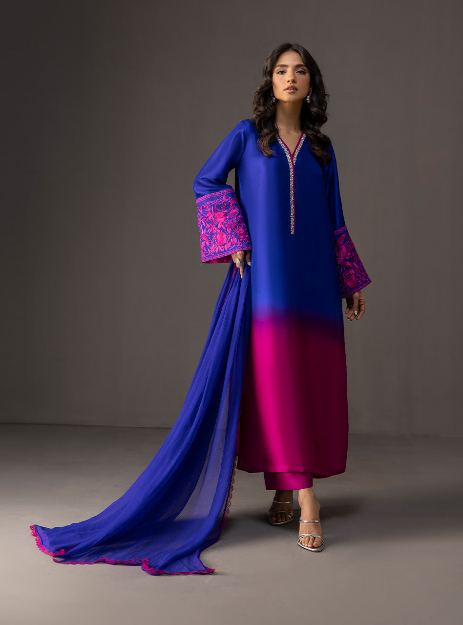 ZAINAB CHOTTANI-3PC SHAMOZE SILK PRINTED EMB SHIRT WITH SOFT SILK PRINTED DUPATTA & TROUSER FS-6