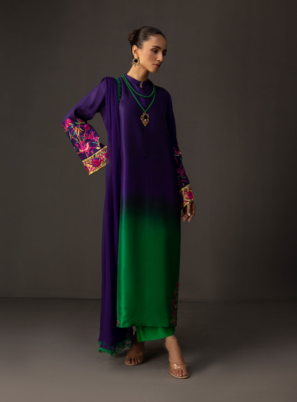 ZAINAB CHOTTANI-3PC SHAMOZE SILK TYE&DYE EMB SHIRT WITH SOFT SILK PRINTED DUPATTA & TROUSER FC-5