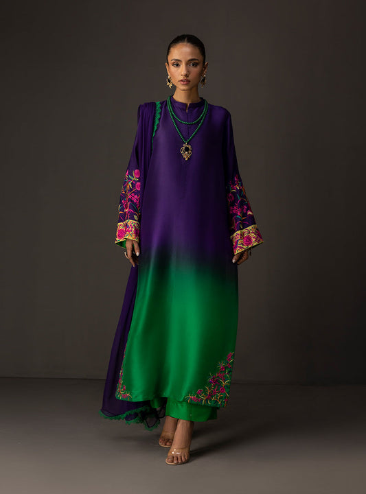 ZAINAB CHOTTANI-3PC SHAMOZE SILK TYE&DYE EMB SHIRT WITH SOFT SILK PRINTED DUPATTA & TROUSER FC-5