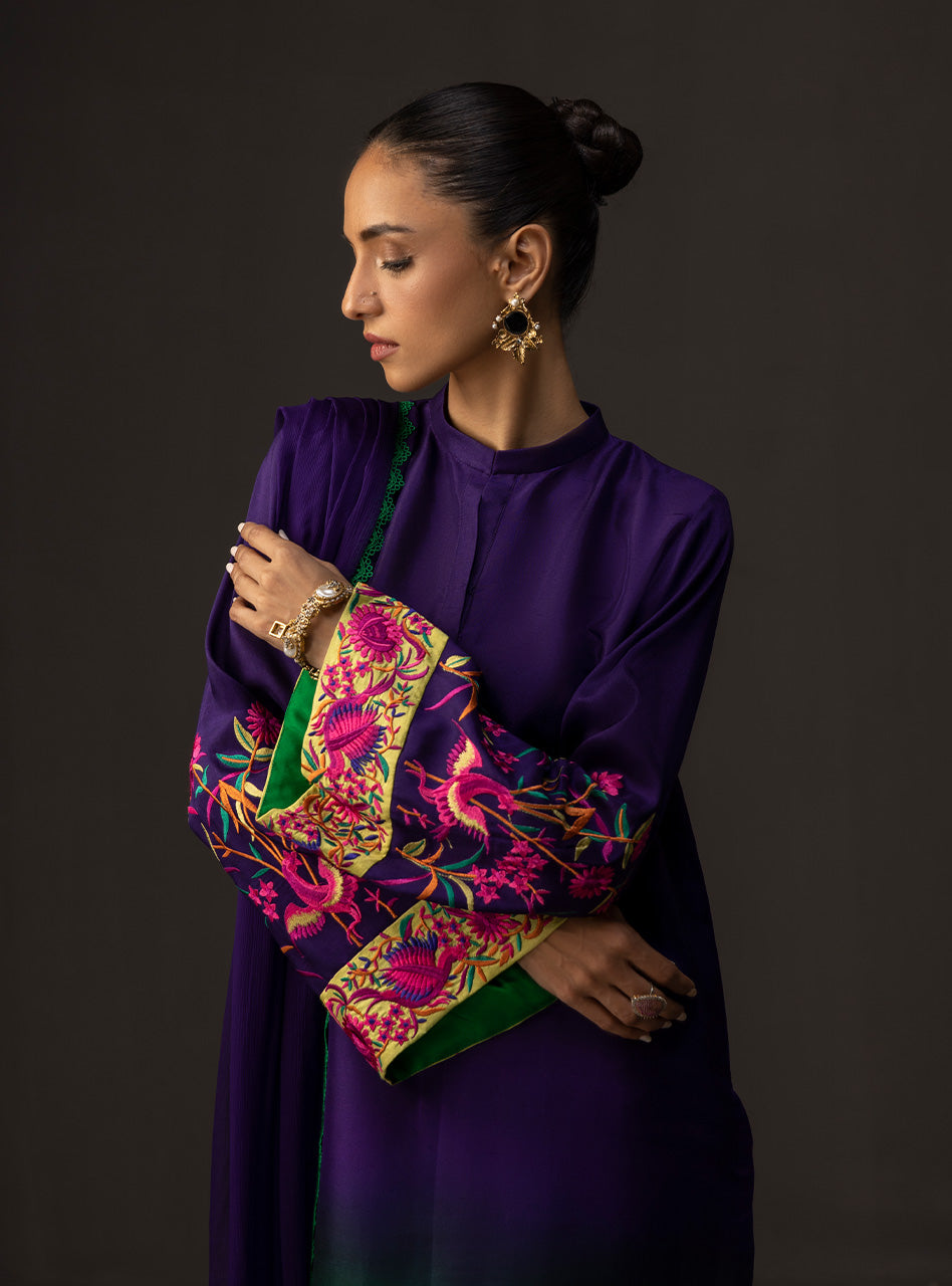 ZAINAB CHOTTANI-3PC SHAMOZE SILK TYE&DYE EMB SHIRT WITH SOFT SILK PRINTED DUPATTA & TROUSER FC-5
