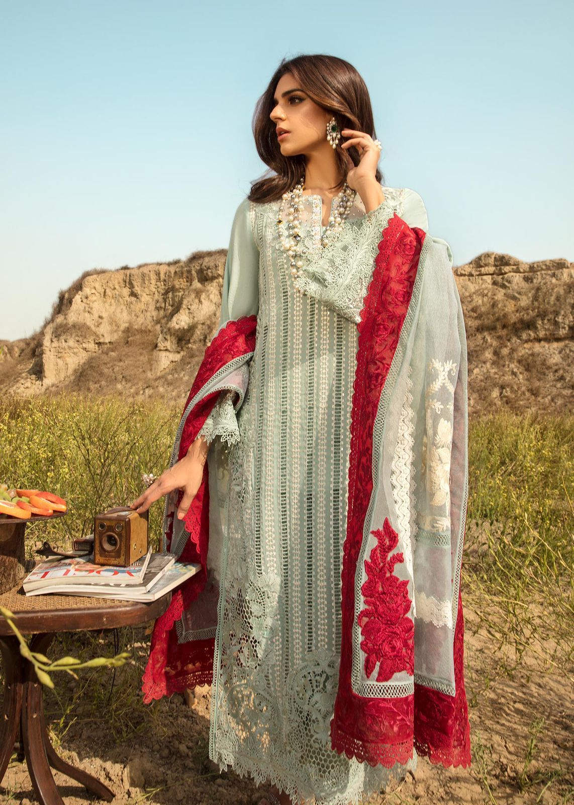 CRIMSON -3PC EMBROIDED CUTWORK LAWN DRESS WITH 4 SIDE EMBROIDED NET DUPATTA- FO-12