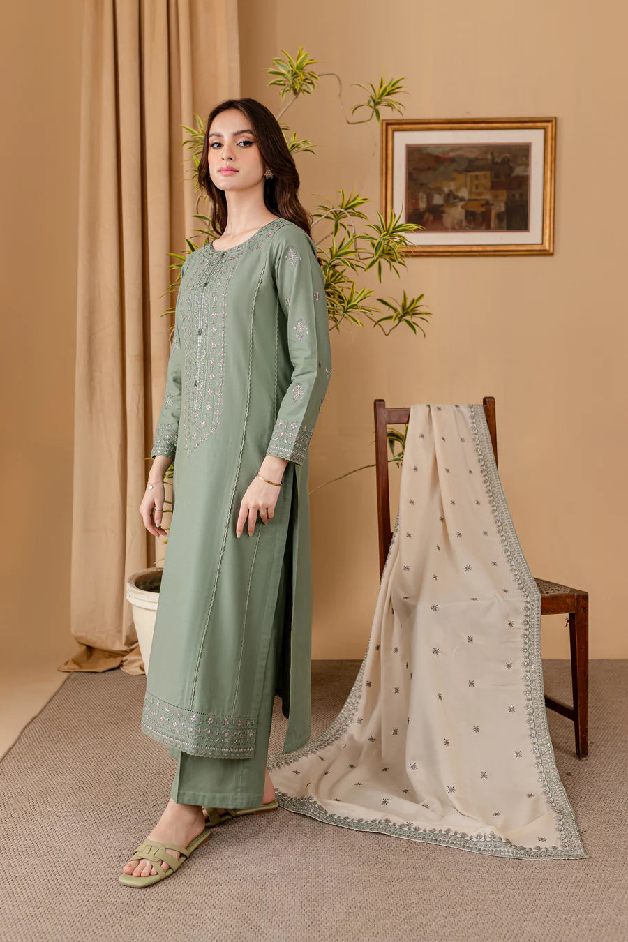 BATIK -3PC EMBROIDERED DHANAK DRESS WITH EMBROIDERED DHANAK WOOL SHAWL- FW-142