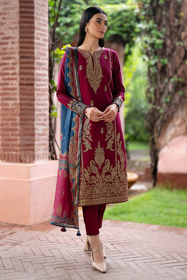 JAZMIN- 3PC DHANAK EMBROIDERED SHIRT WITH WOOL PRINT SHAWL AND TROUSER- FW-97