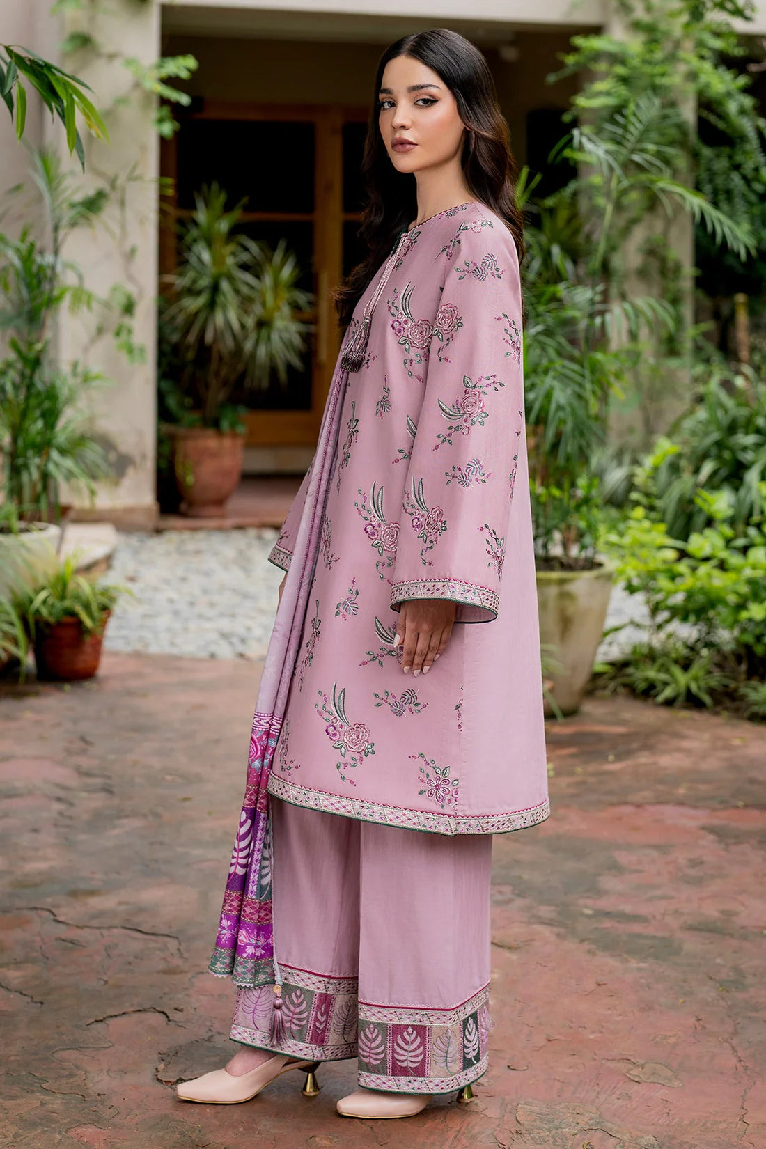 JAZMIN-3PC DHANAK EMBROIDRED SHIRT WITH WOOL PRINT SHAWL AND TROUSER- FW-57